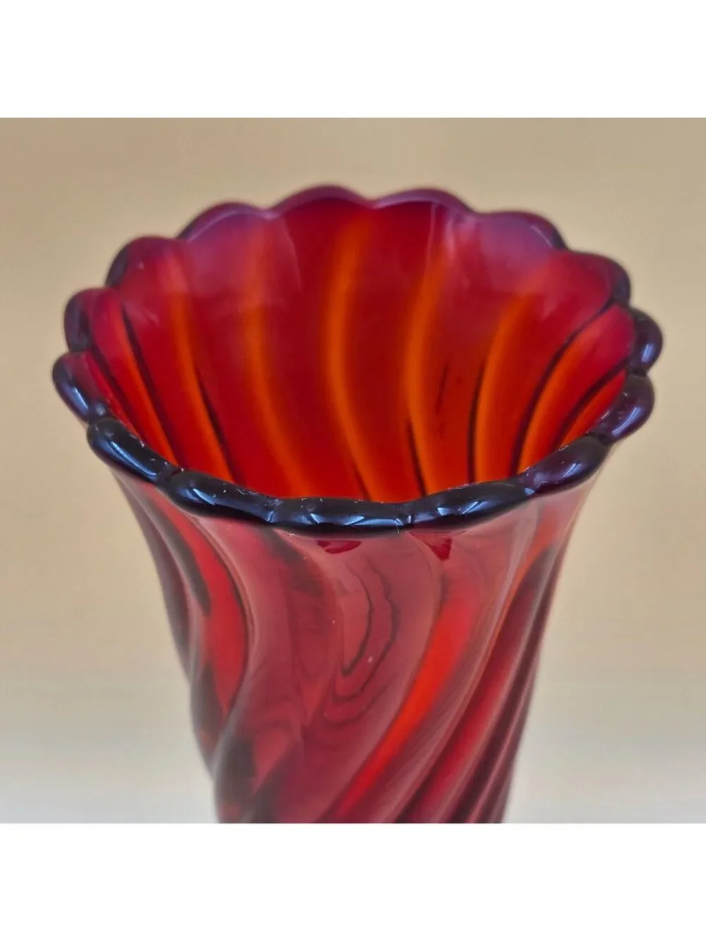 Fostoria Maypole Ruby Red Glass 6 Inch Bud Vase Swirl Footed Vintage